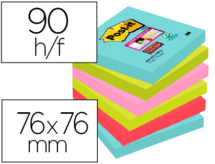 BLOC-NOTES POST-IT SUPER STICKY COULEURS CARNIVAL 76X76MM   90 FEUILLES ADHESIVES RENFORCEBLEU VERT ROSE 6 BLOCS