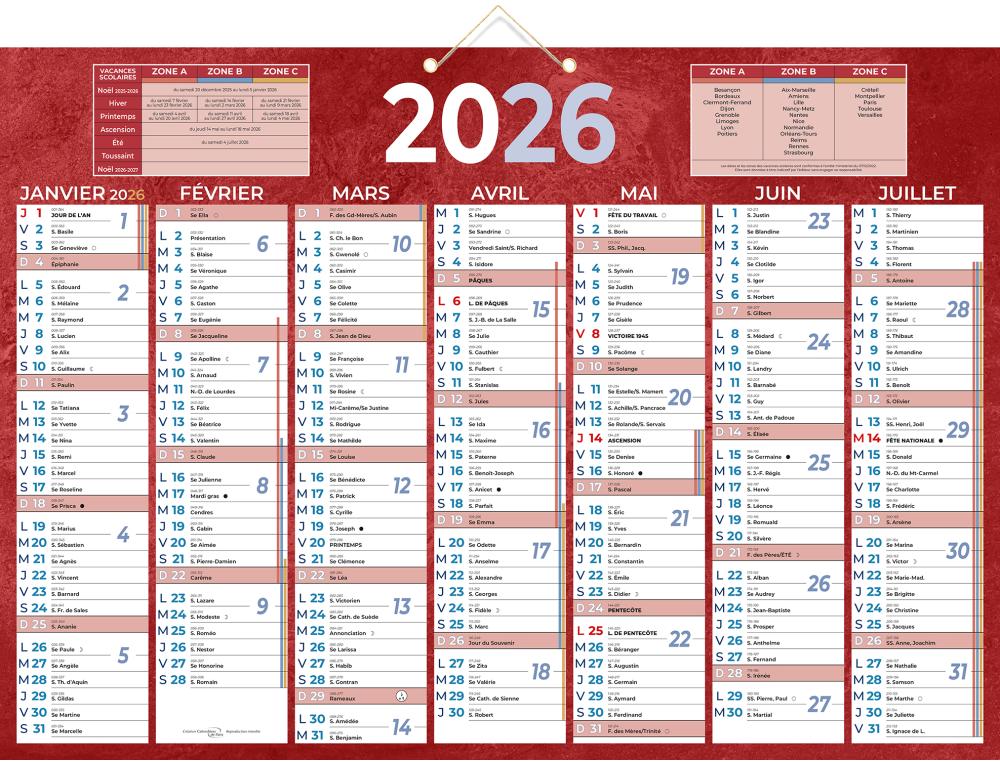 CALENDRIER BANCAIRE ROUGE 54X38,5 CM