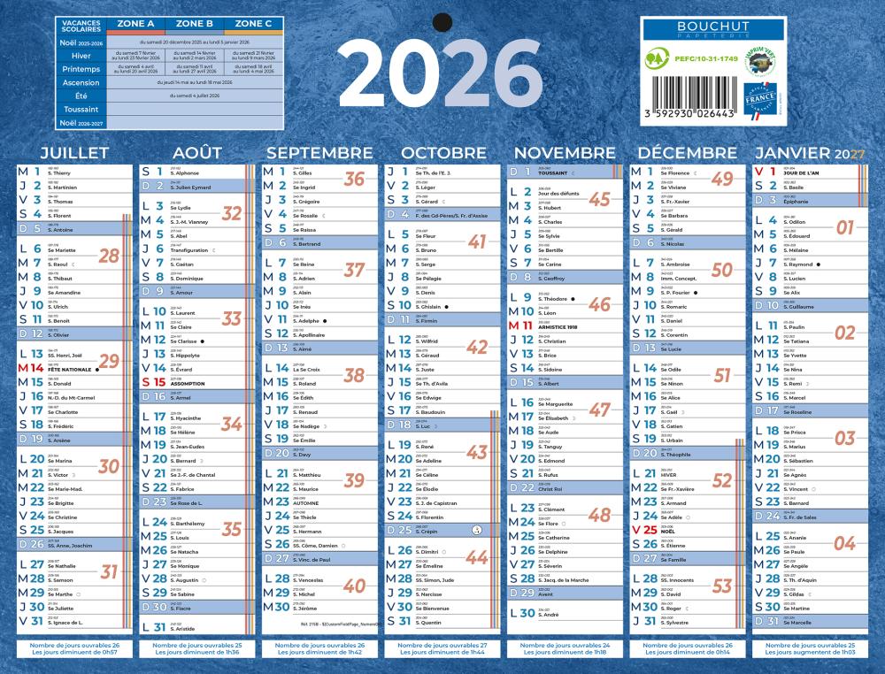 CALENDRIER BANCAIRE BLEU 26,5X21 CM